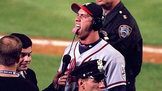 Richmond Braves' relief pitcher John Rocker talks with teammate